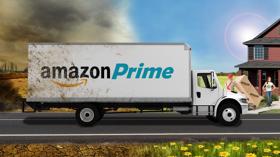 Illustration of an Amazon Prime delivery truck on a divided landscape. The left side shows an industrial, polluted environment with smoke and barren land, while the right side shows a bright, suburban neighborhood with green grass and flowers. A delivery person is handing a package to a smiling customer near their home.