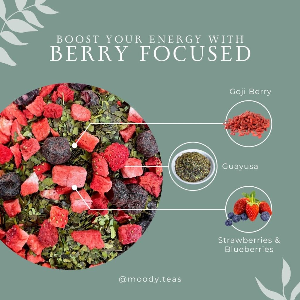 Bright red and green loose tea blend with strawberries, blueberries, goji berries, and guayusa, labeled for boosting energy.