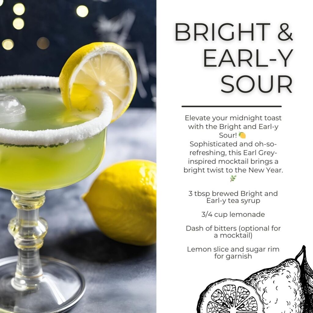 A sophisticated Bright and Earl-y Sour mocktail served in a coupe glass with a sugar rim, a lemon slice garnish, and vibrant green tones. Elegant, festive setting with twinkling lights.