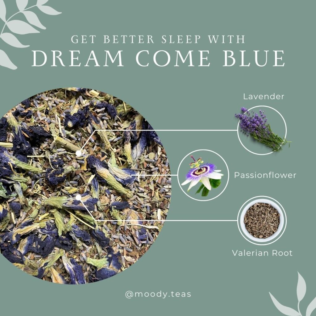 Loose tea with butterfly pea flowers, lavender, and passionflower, labeled for better sleep.