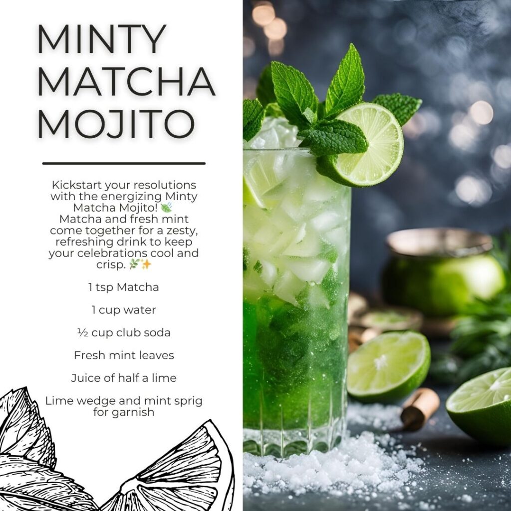 A tall glass of Minty Matcha Mojito, filled with crushed ice, mint leaves, and a lime wedge garnish. Crisp, green tones complement the refreshing vibe, with a blurred, sparkling background.