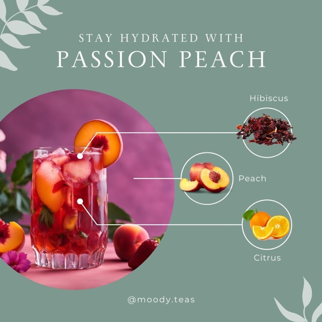 Colorful loose tea blend with hibiscus, peach, and citrus pieces, labeled for staying hydrated.