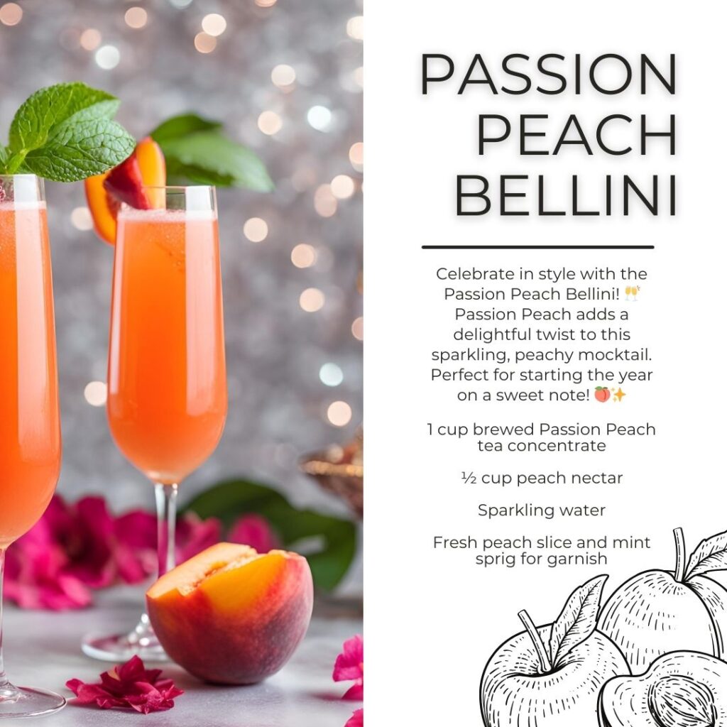 A pair of Passion Peach Bellinis served in champagne flutes, garnished with fresh peach slices and mint leaves. Soft, romantic lighting with rose petals scattered in the background.