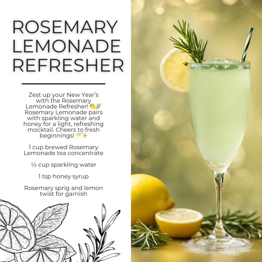 A tall, frosty glass of Rosemary Lemonade Refresher with a rosemary sprig and lemon twist garnish. Set against a bright, golden backdrop with fresh lemons and herbs.