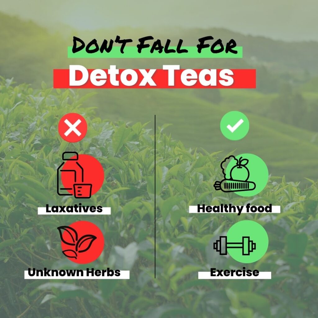 A comparison graphic illustrating the dangers of detox teas, showing red icons for laxatives and unknown herbs on the left, contrasted with green icons for healthy food and exercise on the right. Text overlay warns: "Don't Fall for Detox Teas."