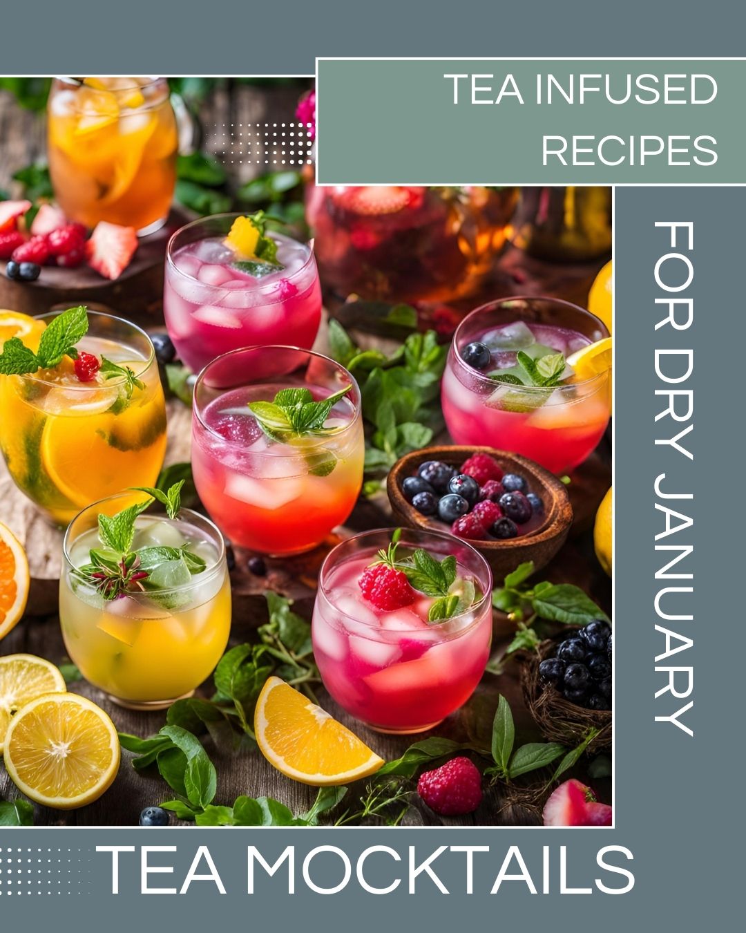 A colorful assortment of tea-infused mocktails in various glasses, featuring fresh fruit garnishes like orange slices, berries, and mint, highlighting the creativity of Dry January drinks.