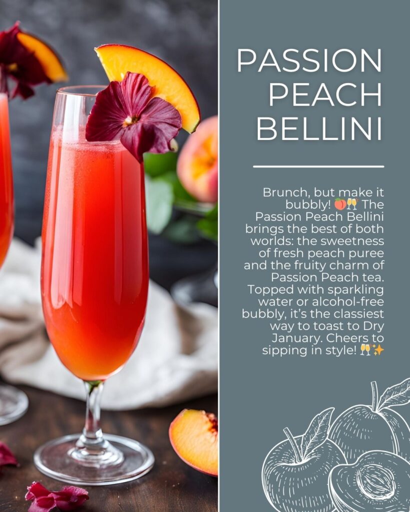 A vibrant orange-pink mocktail in a champagne flute, garnished with a peach slice and a hibiscus flower. The drink radiates elegance, perfect for celebrations or brunch.