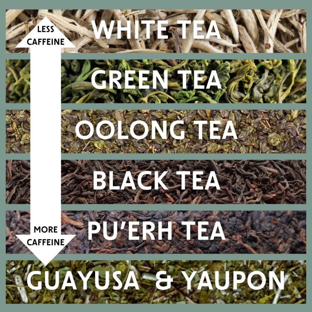 An infographic ranking different types of tea and tea alternatives by caffeine level, arranged vertically. At the top, labeled as 'Less Caffeine,' is white tea, followed by green tea, oolong tea, black tea, pu'erh tea, and at the bottom, labeled as 'More Caffeine,' are guayusa and yaupon. Each tea type is depicted with a close-up image of the dried leaves.