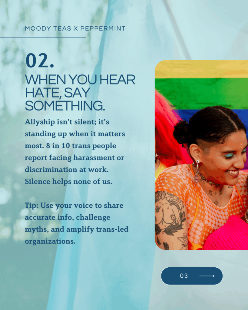 Text: “02. When you hear hate, say something.” Mentions 8 in 10 trans people face workplace discrimination. Tip encourages sharing accurate info and amplifying trans-led orgs. Image shows two people smiling closely together, one wearing bright orange and pink clothes, against a rainbow flag background.