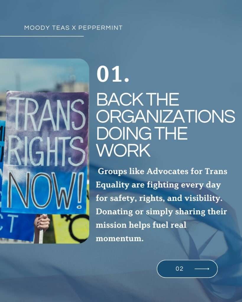 A graphic with the heading “01. Back the Organizations Doing the Work.” On the left is a protest sign that reads “TRANS RIGHTS NOW!” held in a crowd. Text on the right explains that groups like Advocates for Trans Equality work daily for safety, rights, and visibility, and that donating or sharing their mission can help build momentum. A small “02” button appears at the bottom.