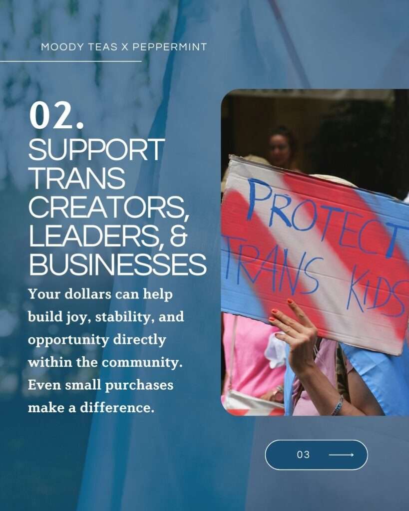 A graphic with the heading “02. Support Trans Creators, Leaders, & Businesses.” On the right is a photo of someone holding a protest sign painted with the words “Protect Trans Kids.” Text on the left describes how supporting trans-led creators, leaders, and businesses helps build joy, stability, and opportunity within the community. A small “03” button appears at the bottom.