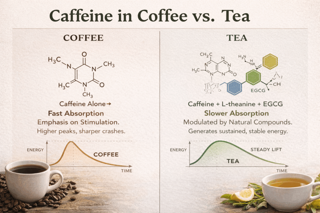 Infographic comparing caffeine in coffee versus tea. The left side labeled “Coffee” shows the chemical structure of caffeine alone, a steep energy spike graph followed by a sharp drop, and text explaining fast absorption and stronger stimulation. The right side labeled “Tea” shows caffeine alongside L-theanine and EGCG, a smoother energy curve labeled “steady lift,” and text describing slower absorption and more sustained, balanced energy. Coffee is visually styled in warm brown tones, while tea is styled in softer green tones.