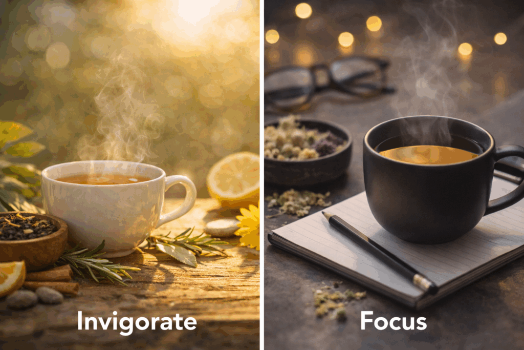 Side-by-side image comparing two tea moods. On the left, an “Invigorate” scene shows a steaming cup of tea in bright natural light with rosemary, lemon, and loose tea leaves, evoking sensory wake-up and energy. On the right, a “Focus” scene shows a dark ceramic mug of tea beside a notebook, pen, and glasses in softer lighting, suggesting calm concentration and mental clarity.