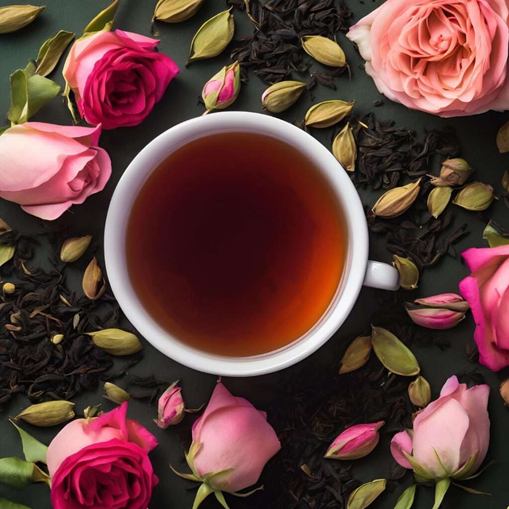 A white cup filled with dark tea sits on a dark background, surrounded by pink rose blossoms, rosebuds, loose black tea leaves, and whole green cardamom pods arranged in a flat lay.