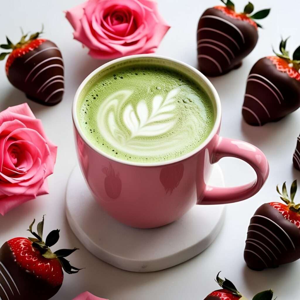 A pink ceramic mug filled with a green matcha latte topped with latte art sits on a white surface, surrounded by chocolate-covered strawberries and pink roses arranged around the cup.