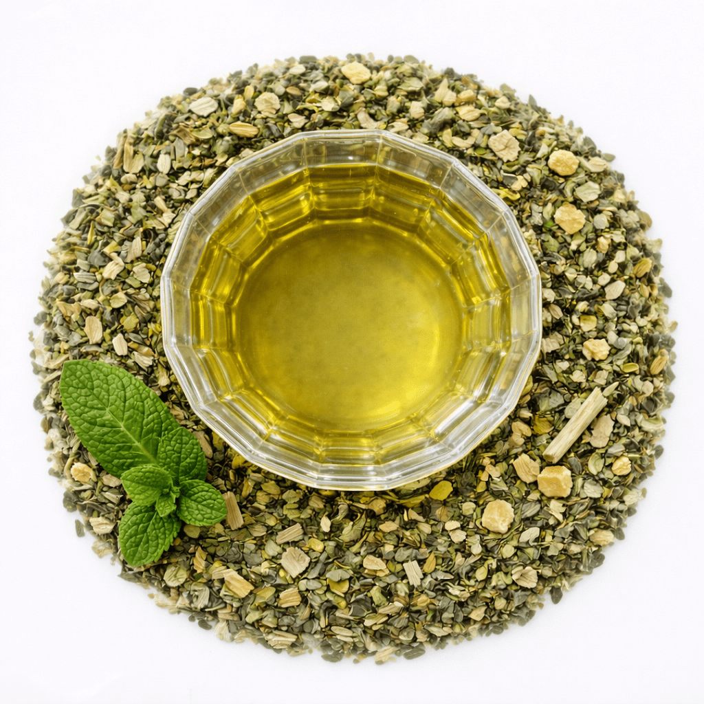 Minty Fresh loose leaf calm tea by Moody Teas, spearmint, lemon balm, ginger, lemongrass, caffeine-free