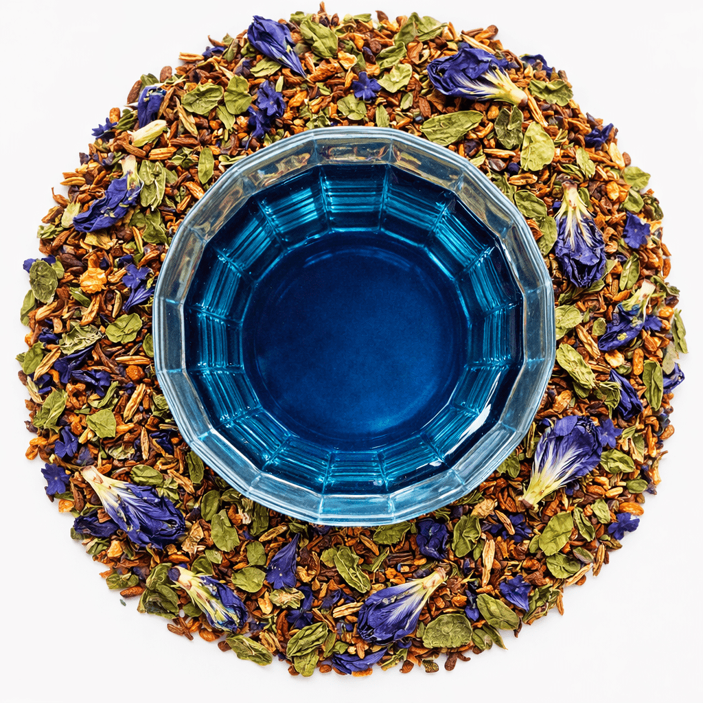Transcendence loose leaf calm tea by Moody Teas, butterfly pea flower, rooibos, spearmint, vanilla, Tea for Good blend supporting Allies for Trans Equality
